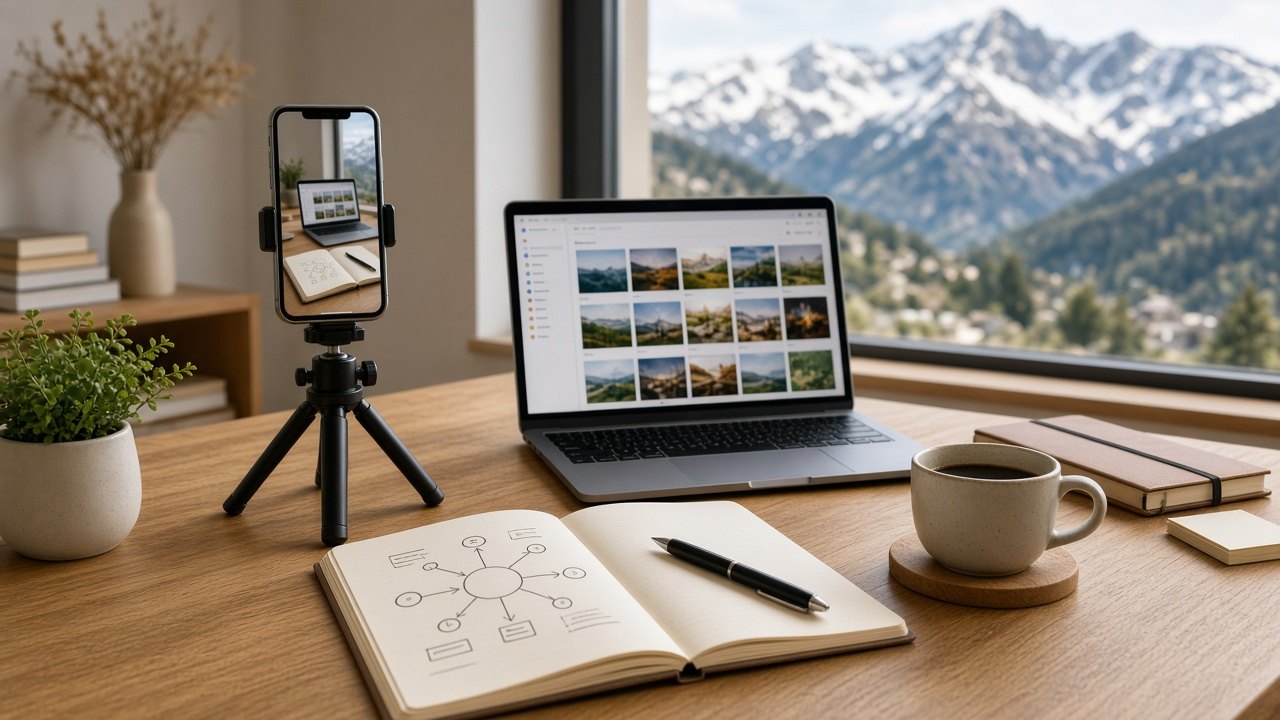 Escritorio con móvil en trípode, portátil con calendario de contenidos y vistas a las montañas de Andorra