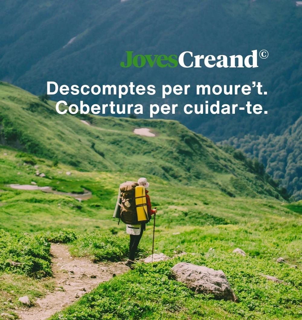 Pieza de la campaña con un excursionista en la montaña y un titular sobre descuentos y cobertura
