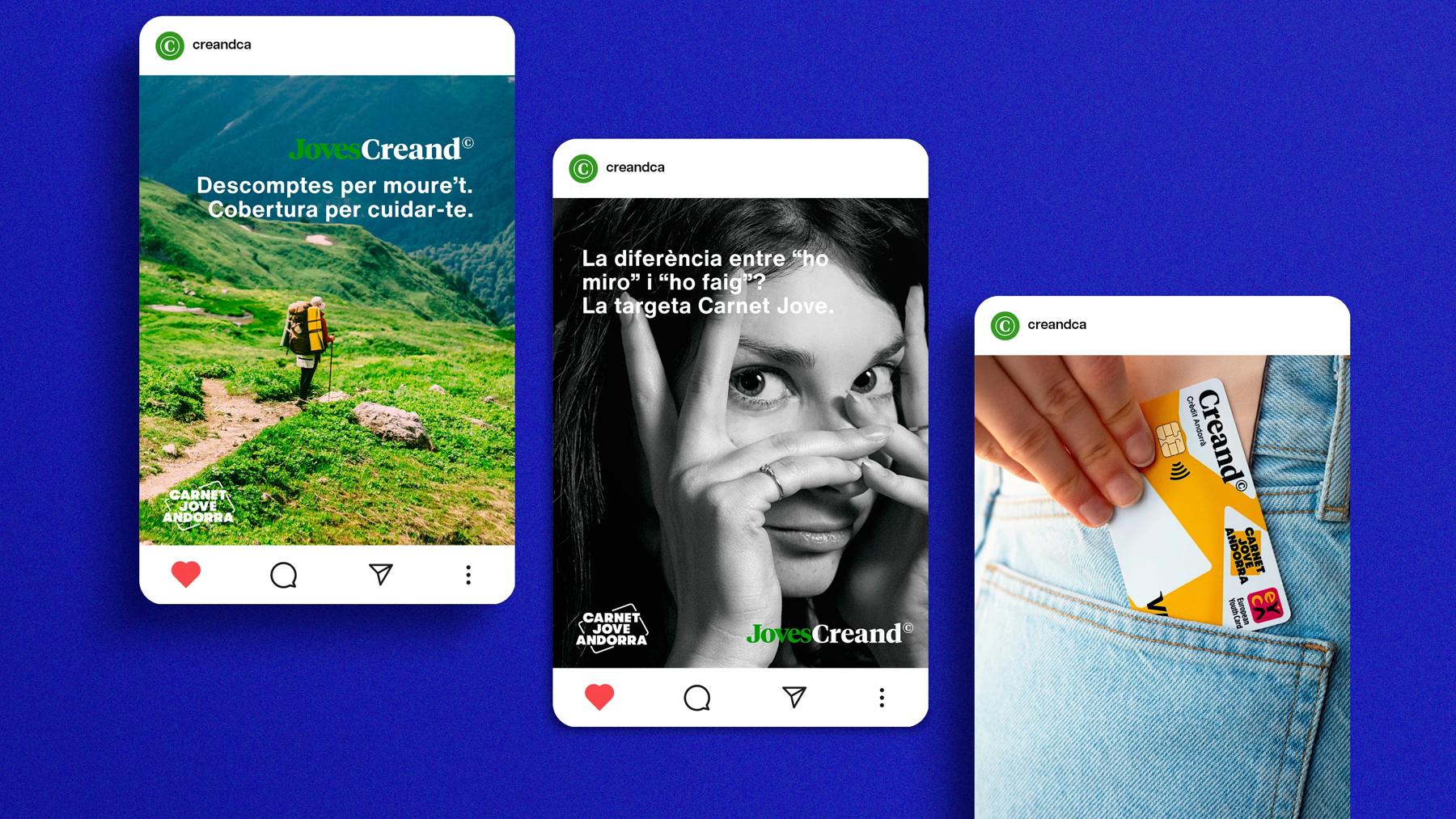 Tres publicaciones de la campaña JovesCreand mostradas en pantallas de móvil sobre fondo azul